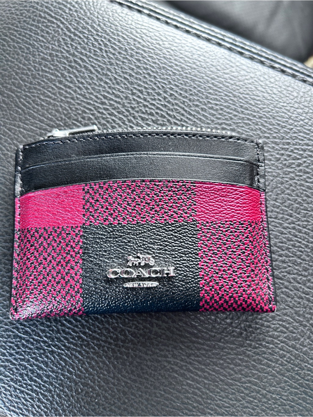 Coach Plaid Leather Card Case In Red And Black